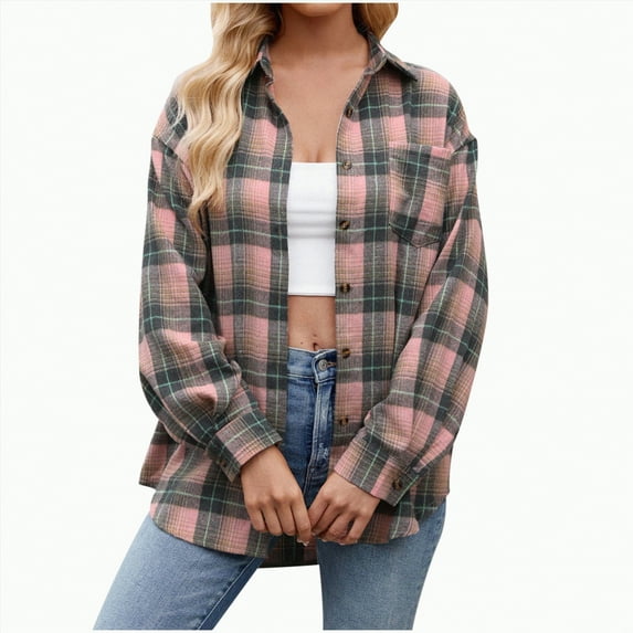 Towmus Womens Plus Size Flannel Shirts Plaid Shirts Long Sleeves Casual Button Down Collared Lightweight Winter Fall Pullover Tops