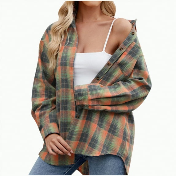 Towmus Womens Plus Size Flannel Shirts Plaid Shirts Long Sleeves Casual Button Down Collared Lightweight Winter Fall Pullover Tops