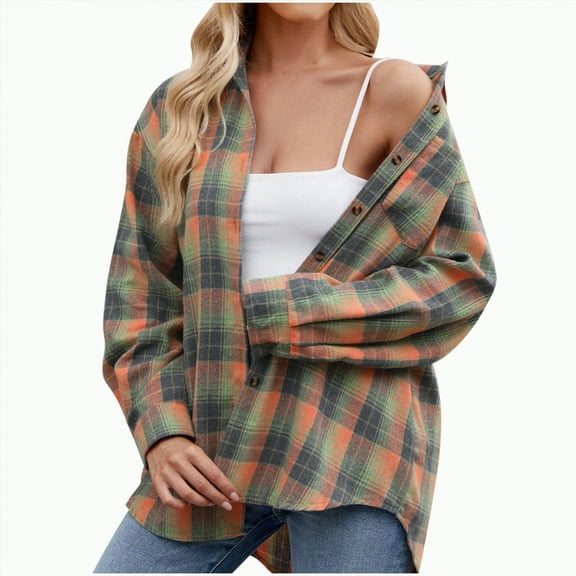 Towmus Womens Plus Size Flannel Shirts Plaid Shirts Long Sleeves Casual Button Down Collared Lightweight Winter Fall Pullover Tops