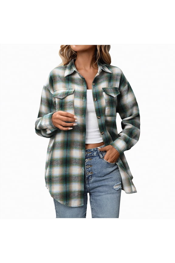 Womens Plus Size Flannel Shirts Plaid Shirts Long Sleeves Casual Button Down Collared Unisex Tops with Pockets