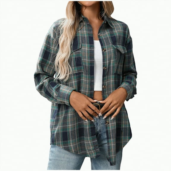 Towmus Womens Plus Size Flannel Shirts Plaid Shirts Long Sleeves Casual Button Down Collared Unisex Tops with Pockets