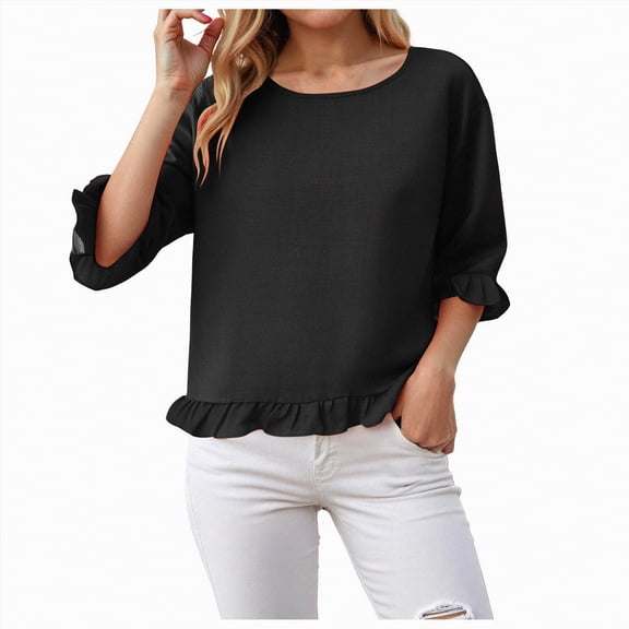 Towmus Womens Plus Size Tops 3/4 Sleeve Pleated Dressy Blouses Crew Neck Casual Tunic Tops Summer Shirts Smoked