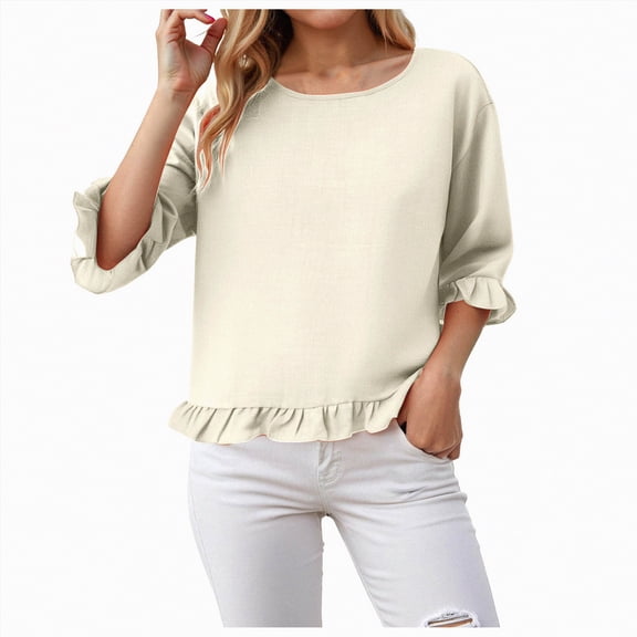 Towmus Womens Plus Size Tops 3/4 Sleeve Pleated Dressy Blouses Crew Neck Casual Tunic Tops Summer Shirts Smoked