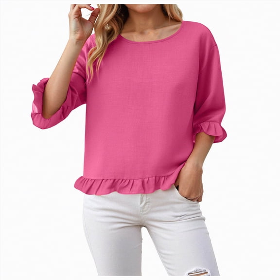 Towmus Womens Plus Size Tops 3/4 Sleeve Pleated Dressy Blouses Crew Neck Casual Tunic Tops Summer Shirts Smoked