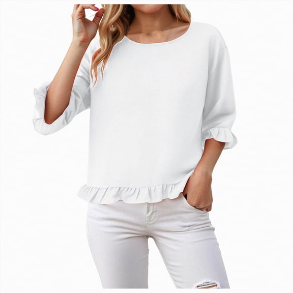 Towmus Womens Plus Size Tops 3/4 Sleeve Pleated Dressy Blouses Crew Neck Casual Tunic Tops Summer Shirts Smoked