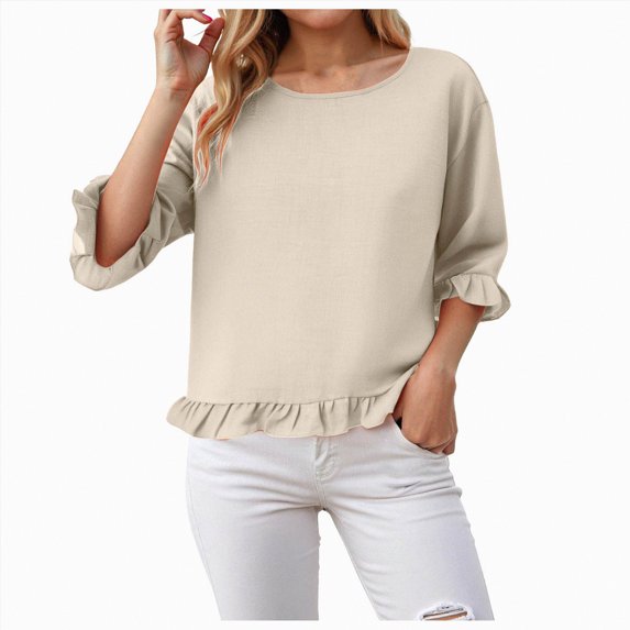 Towmus Womens Plus Size Tops 3/4 Sleeve Pleated Dressy Blouses Crew Neck Casual Tunic Tops Summer Shirts Smoked