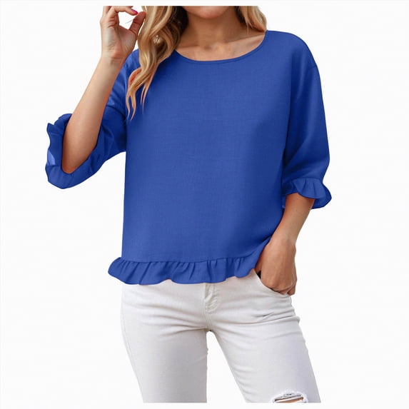 Towmus Womens Plus Size Tops 3/4 Sleeve Pleated Dressy Blouses Crew Neck Casual Tunic Tops Summer Shirts Smoked