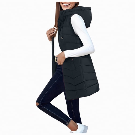 Towmus Womens Quilted Long Puffer Vest Jacket Full-Zip Sleeveless Winter Down Coats Waistcoat Casual Warm Parkas Overcoat with Hood L-6XL