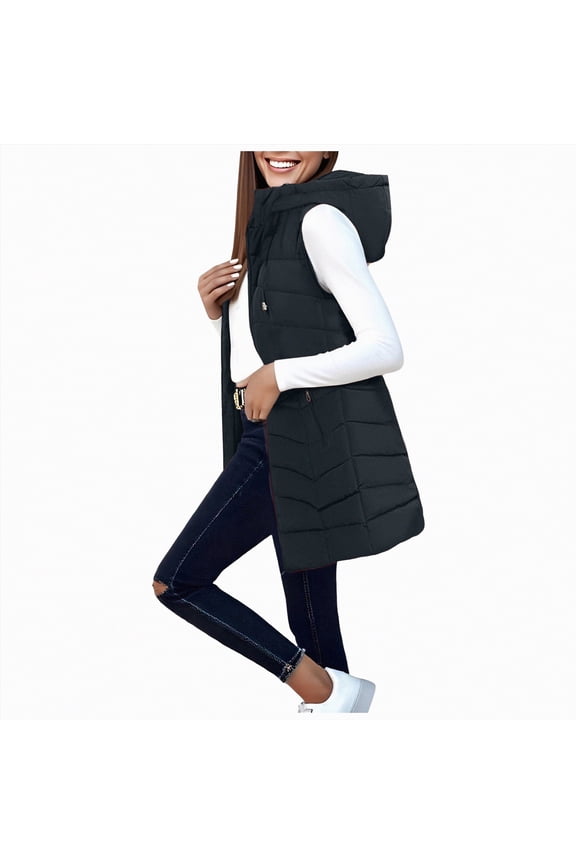 Womens Quilted Long Puffer Vest Jacket Full-Zip Sleeveless Winter Down Coats Waistcoat Casual Warm Parkas Overcoat with Hood L-6XL