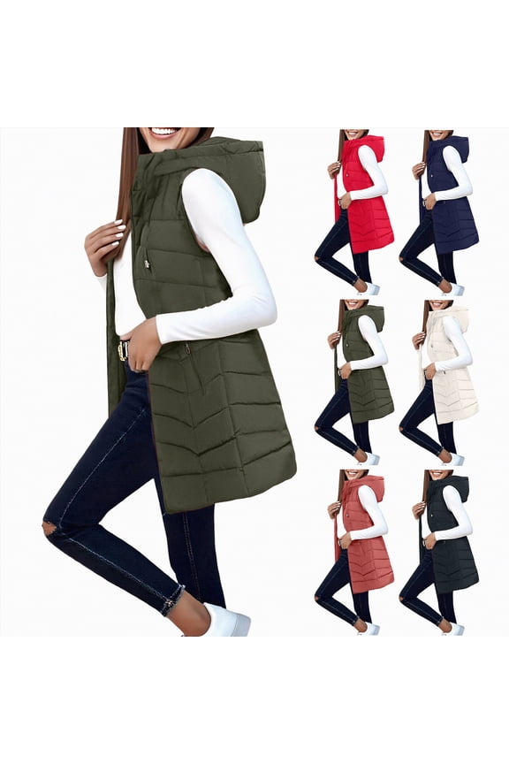 Womens Quilted Long Puffer Vest Jacket Full-Zip Sleeveless Winter Down Coats Waistcoat Casual Warm Parkas Overcoat with Hood L-6XL