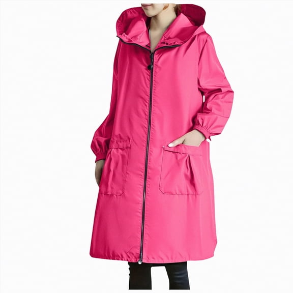 Towmus Womens Rain Jacket Plus Size Raincoat Zip up Windbreaker Lightweight Trench Coat Long with Hood WindproofOutdoor Clothes