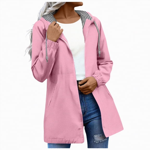 Towmus Womens Rain Jacket With Hood Plus Size Raincoat Zip Up Ski-Wear Trench Coat Long with Hood Windproof Lightweight Outdoor Windbreaker