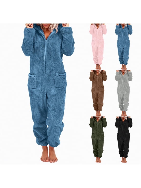 Womens Sherpa Jumpsuit Fuzzy Pajamas Long Sleeve Adult Onesie Pajamas for Women Zipper Hooded Plush Sleepwear Loungewear with Pockets