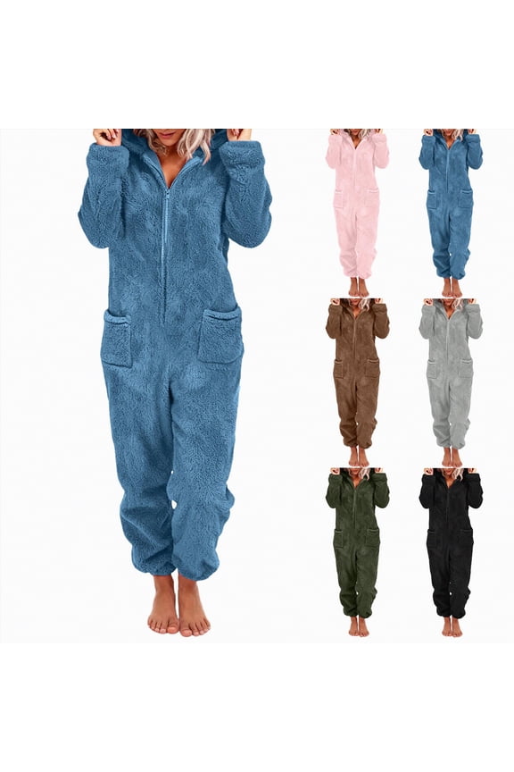 Womens Sherpa Jumpsuit Fuzzy Pajamas Long Sleeve Adult Onesie Pajamas for Women Zipper Hooded Plush Sleepwear Loungewear with Pockets
