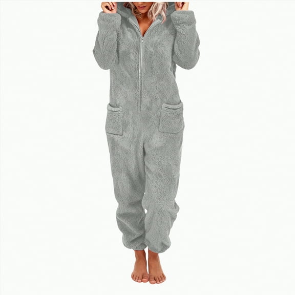 Towmus Womens Sherpa Jumpsuit Fuzzy Pajamas Long Sleeve Adult Onesie Pajamas for Women Zipper Hooded Plush Sleepwear Loungewear with Pockets