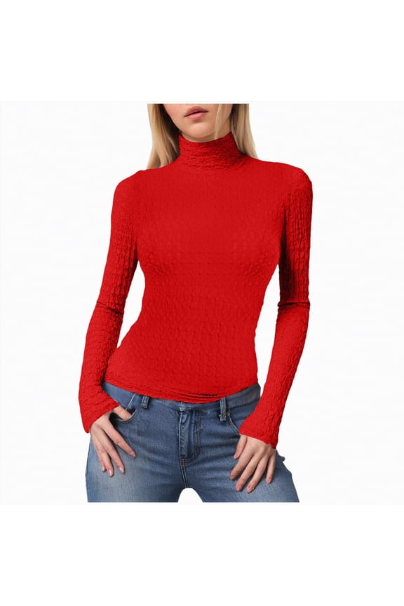 Womens Solid Color Long Sleeve Semi High Neck Pullover Thick Warm Jumper Long Sleeve Knit Tops, Red, XL