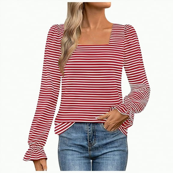 Towmus Womens Square Neck Puff Sleeve Tops Dressy Casual Stripe Long Sleeve Shirts Loose Trendy Blouses