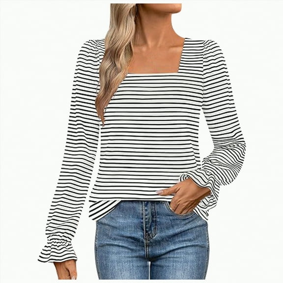 Towmus Womens Square Neck Puff Sleeve Tops Dressy Casual Stripe Long Sleeve Shirts Loose Trendy Blouses