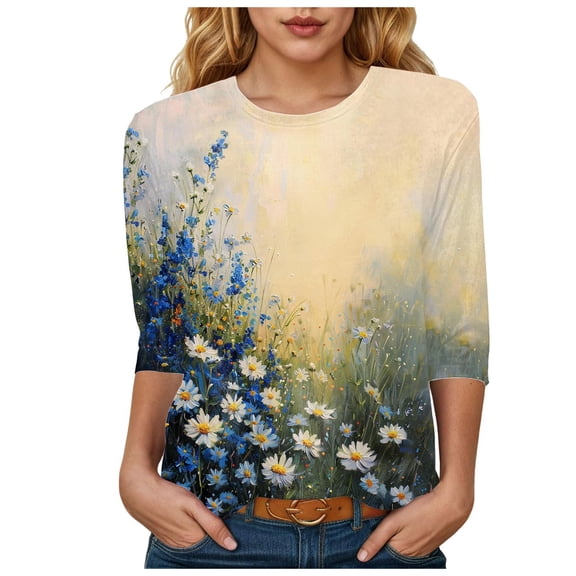 Towmus Womens Summer Tops 3/4 Sleeves Floral Print Dressy Blouses Crew Neck Casual Tunic Tops Summer Shirts