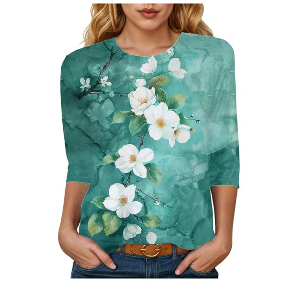 Towmus Womens Summer Tops 3/4 Sleeves Floral Print Dressy Blouses Crew Neck Casual Tunic Tops Summer Shirts