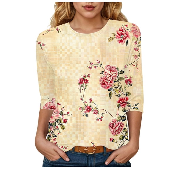 Towmus Womens Summer Tops 3/4 Sleeves T-Shirts Round Neck Cute Tunic Tops Basic Tees Blouses Loose Fit Pullover Shirt Dressy Tops for Women