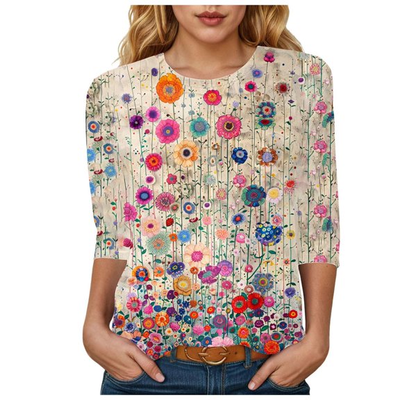 Towmus Womens Summer Tops 3/4 Sleeves T-Shirts Round Neck Cute Tunic Tops Basic Tees Blouses Loose Fit Pullover Shirt Dressy Tops for Women