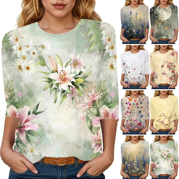 Towmus Womens Summer Tops 3/4 Sleeves T-Shirts Round Neck Cute Tunic Tops Basic Tees Blouses Loose Fit Pullover Shirt Dressy Tops for Women