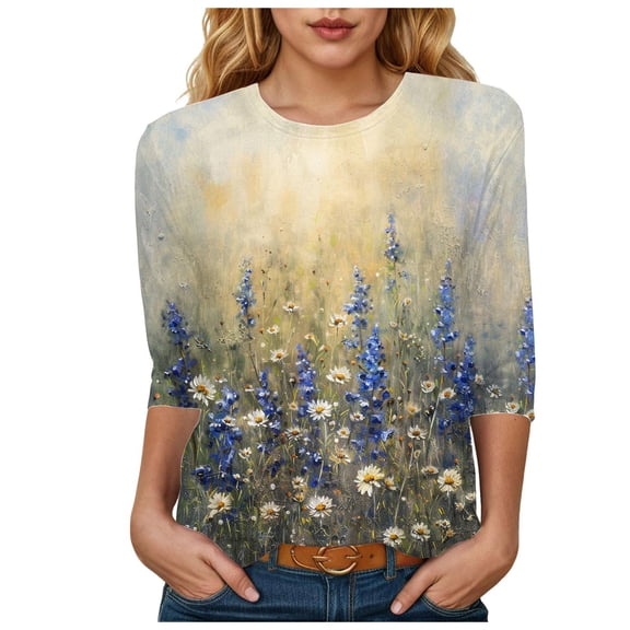 Towmus Womens Summer Tops 3/4 Sleeves T-Shirts Round Neck Cute Tunic Tops Basic Tees Blouses Loose Fit Pullover Shirt Dressy Tops for Women