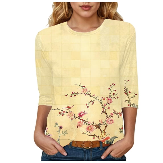 Towmus Womens Summer Tops 3/4 Sleeves T-Shirts Round Neck Cute Tunic Tops Basic Tees Blouses Loose Fit Pullover Shirt Dressy Tops for Women