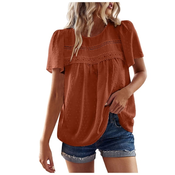 Towmus Womens Summer Tops Crewneck Short Sleeve Shirts Casual Chiffon Blouses Flowy Lace Hem Fashion Blouses