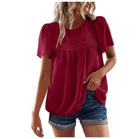 Towmus Womens Summer Tops Crewneck Short Sleeve Shirts Casual Chiffon Blouses Flowy Lace Hem Fashion Blouses