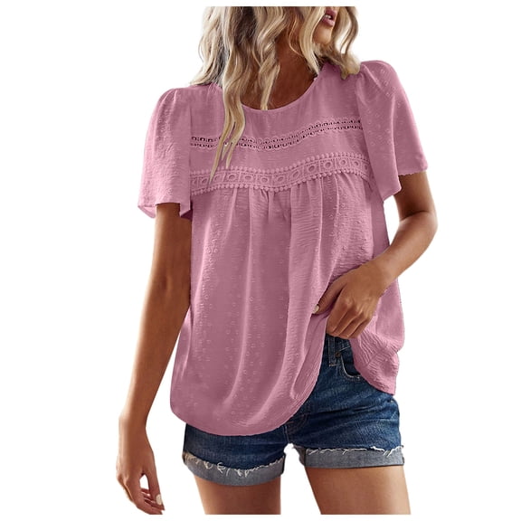Towmus Womens Summer Tops Crewneck Short Sleeve Shirts Casual Chiffon Blouses Flowy Lace Hem Fashion Blouses