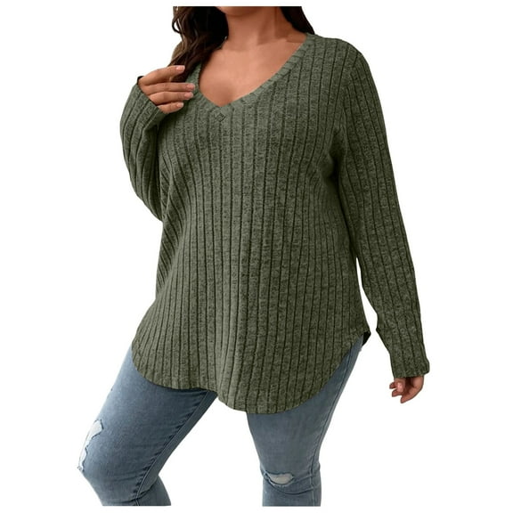 Towmus Womens Sweaters, Long Sleeve V Neck Lightweight Plus Size Pullover Tops Fall Blouse Army Green Size 5XL