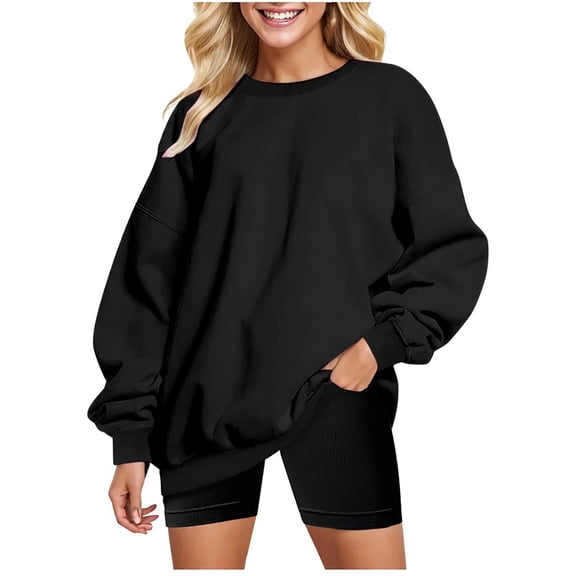 Towmus Womens Sweatshirts Crew Neck Long Sleeve Solid Color Casual Tshirts Loose Fit Women Blouse