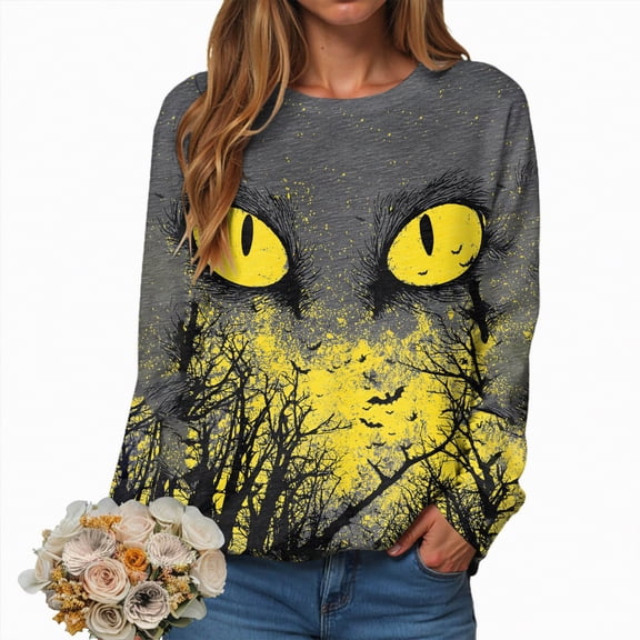 Towmus Womens Sweatshirts Halloween Funny Black Cat Casual Crewneck Sweatshirt Oversized Graphic Pullover