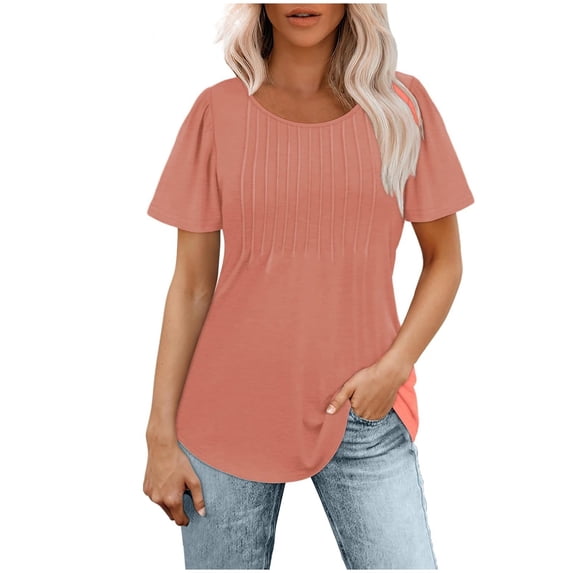 Towmus Womens T Shirts Short Sleeve Pleated Dressy Casual Scooped Neck Summer Tops Blouses