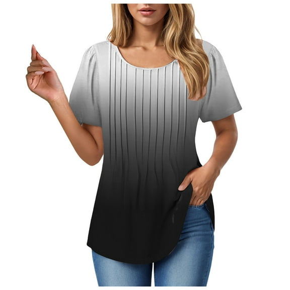 Towmus Womens T Shirts Short Sleeve Tunics Pleated Dressy Casual Crew Neck Summer Tops Blouses