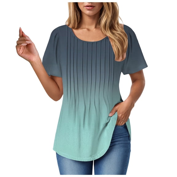 Towmus Womens T Shirts Short Sleeve Tunics Pleated Dressy Casual Crew Neck Summer Tops Blouses