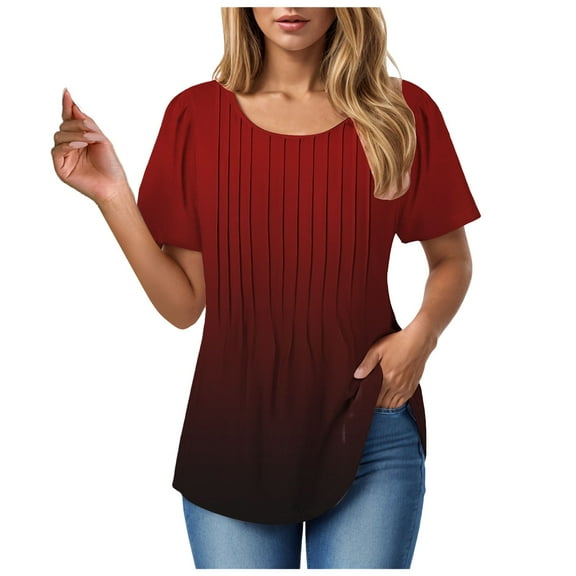 Towmus Womens T Shirts Short Sleeve Tunics Pleated Dressy Casual Crew Neck Summer Tops Blouses
