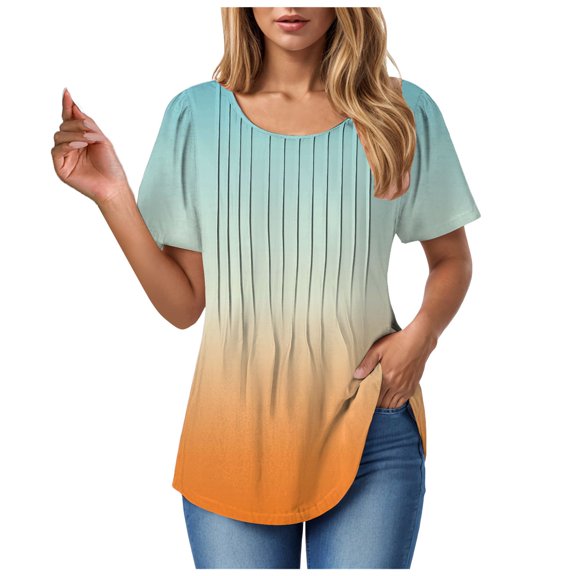 Towmus Womens T Shirts Short Sleeve Tunics Pleated Dressy Casual Crew Neck Summer Tops Blouses