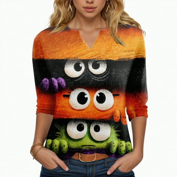Towmus Womens Tops 3/4 Length Sleeves Halloween Oversized 3D Eyes Print Graphic T Shirt Women V Neck Blouses Loose Under $10