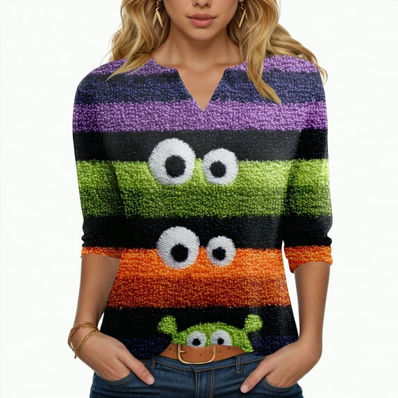 Towmus Womens Tops 3/4 Length Sleeves Halloween Oversized 3D Eyes Print Graphic T Shirt Women V Neck Blouses Loose Under $10
