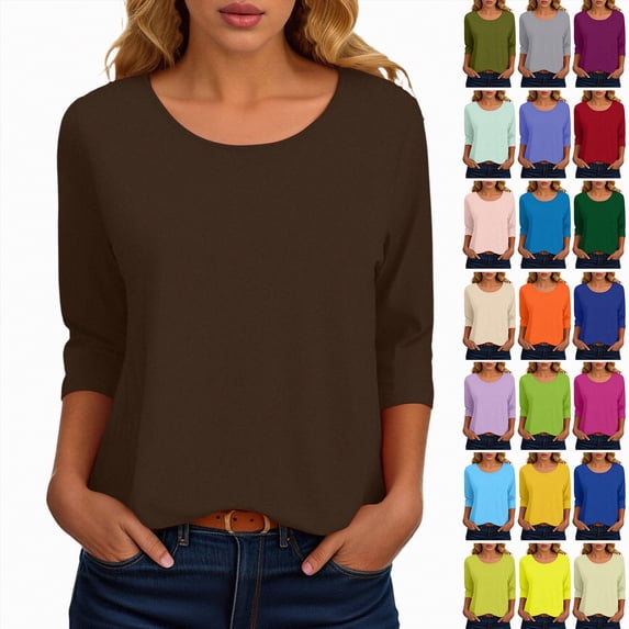 Towmus Womens Tops 3/4 Sleeve Solid Color Crew Neck T Shirt Oversized Casual Women Blouse Business Work Summer Dresses S-3XL Under $6