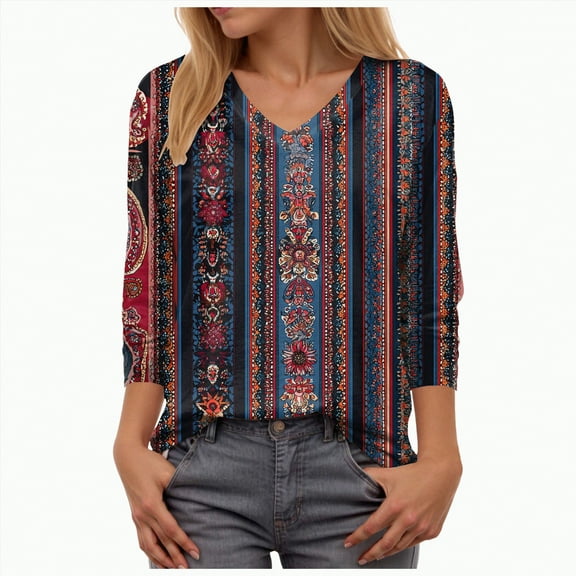 Towmus Womens Tops 3/4 Sleeve V Neck Cotton Tees Floral Print Fall T Shirts Three Quarter Length Shirts
