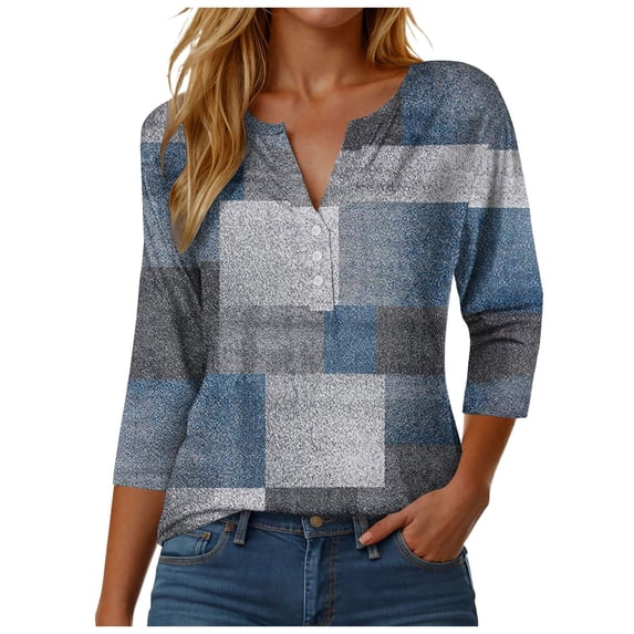 Towmus Womens Tops Button Down Shirts 3/4 Sleeve V Neck Cotton Women's Casual T-Shirts Cute Tunic Tops Basic Tees Blouses Loose Fit Pullover Shirt
