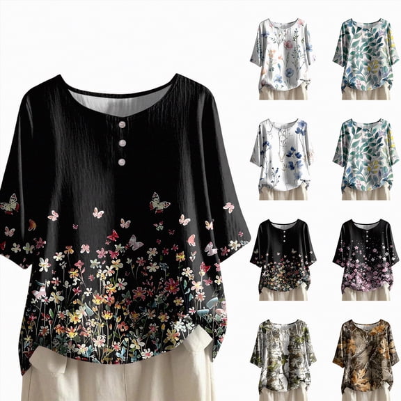Towmus Womens Tops Casual Round Neck Short Sleeve Summer Tops Trendy Floral Print Button Spring Tops for Women