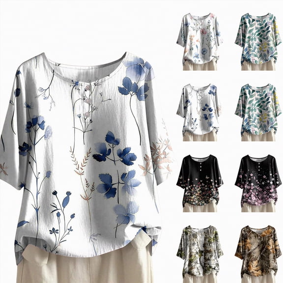 Towmus Womens Tops Casual Round Neck Short Sleeve Summer Tops Trendy Floral Print Button Spring Tops for Women