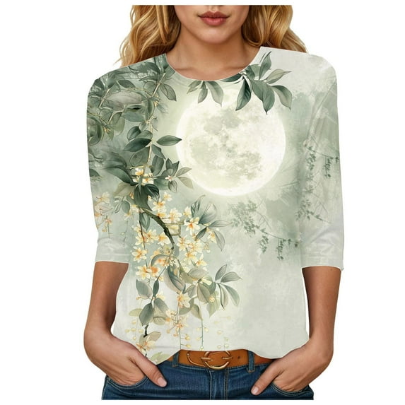 Towmus Womens Tops Elbow-Length Graphic Crew Neck Women's Casual 3/4 Sleeve T-Shirts Cute Tunic Tops Basic Tees Blouses Loose Fit Pullover Shirt