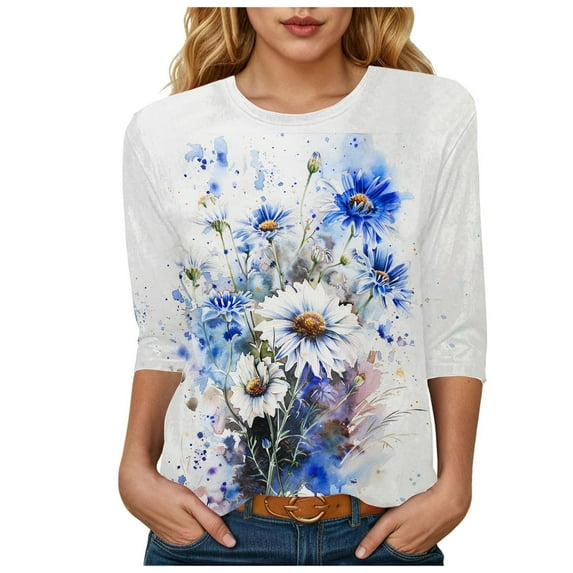 Towmus Womens Tops Elbow-Length Graphic Crew Neck Women's Casual 3/4 Sleeve T-Shirts Cute Tunic Tops Basic Tees Blouses Loose Fit Pullover Shirt