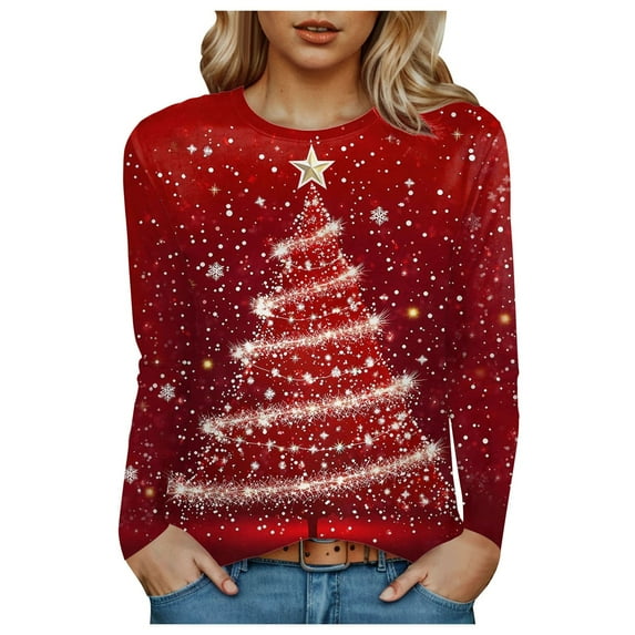 Towmus Womens Tops Long Sleeve Fall Women's Casual Print Sweatshirts Thermal Crewneck Long Sleeve T-Shirts Loose Fitting